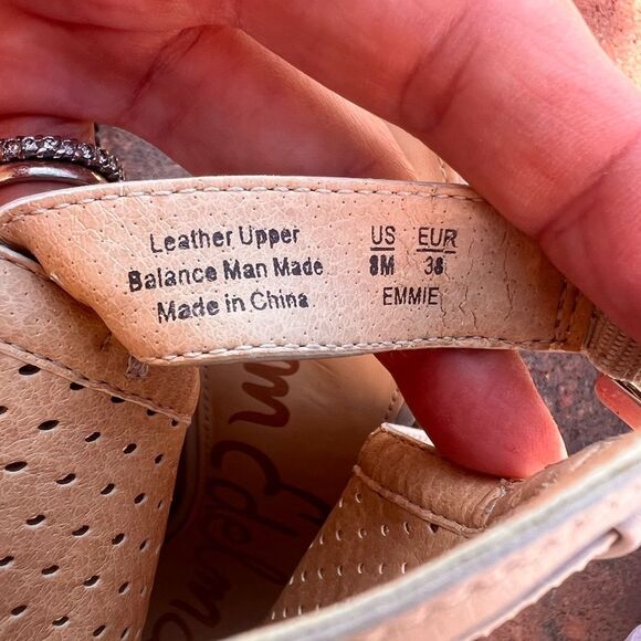 Sam Edelman Emmie Gray Nude Perforated Leather Heeled Sandal Open Toe Size 8 - Picture 6 of 9